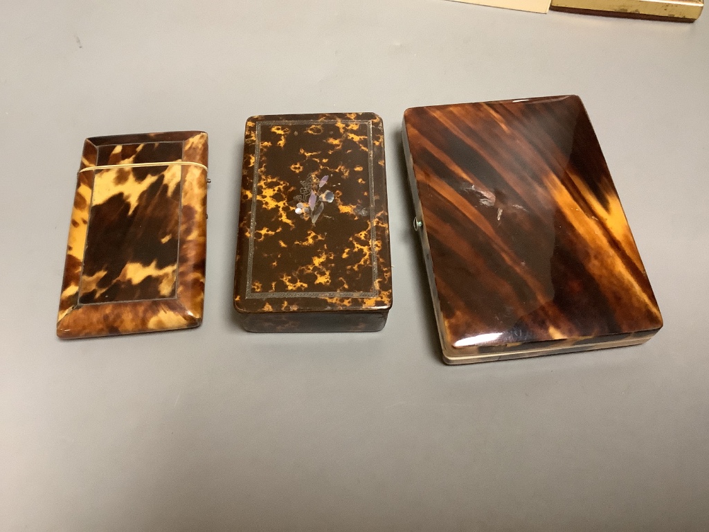 Two Victorian tortoiseshell card cases, a simulated tortoiseshell snuff box and ten framed portrait miniatures.